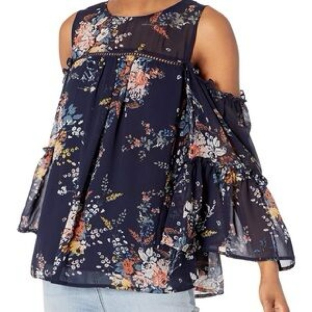 Lucky Brand Navy Cold Shoulder Chiffon Blouse XL